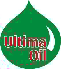 Ultima Oil logo featuring red and yellow text inside a green oil drop shape