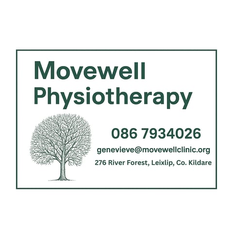 Movewell Physiotherapy business card with tree logo, phone number 086 7934026, email, and address in Leixlip, Co. Kildare