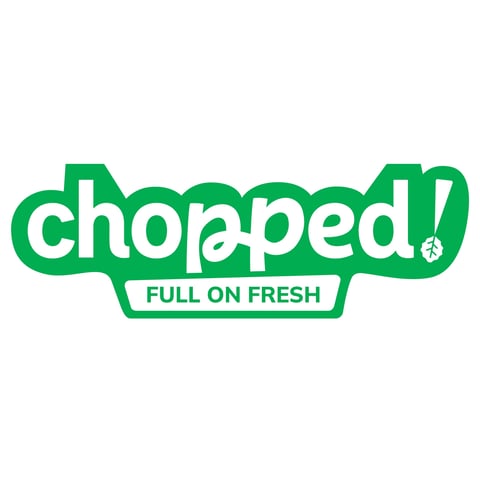 Chopped logo in green with Full On Fresh tagline and shopping bag design