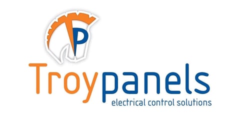 Troy Panels logo with orange curved design and blue P letter, electrical control solutions company branding