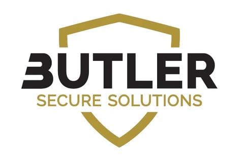 Butler Secure Solutions logo with gold shield design and black text