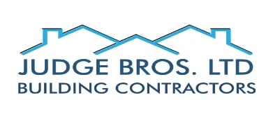 Judge Bros. Ltd building contractors logo with stylized blue roof line design