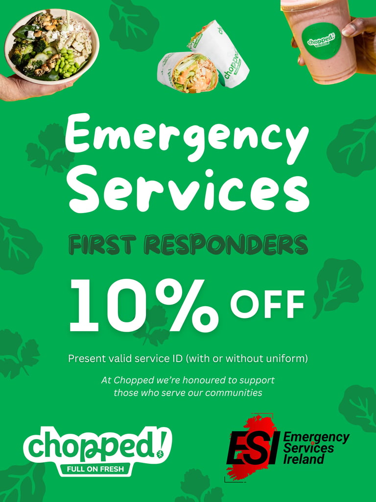 Promotional flyer offering 10% discount for emergency services first responders at Chopped restaurant with green background and food images