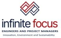 Infinite Focus Engineering and Project Consultancy logo with overlapping geometric squares and company tagline about innovation and sustainability