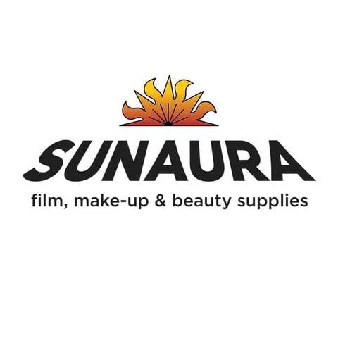 Sunaura logo with sun icon for film, make-up and beauty supplies company
