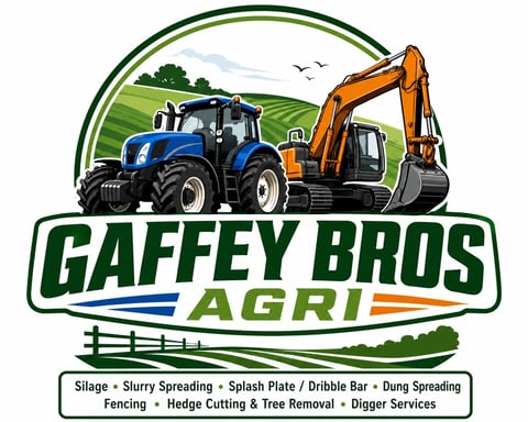 Gaffey Bros Agri logo featuring a blue tractor and orange excavator with green fields and farming services listed