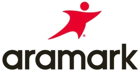 Aramark logo featuring a red stylized figure with arms raised above the company name in black text