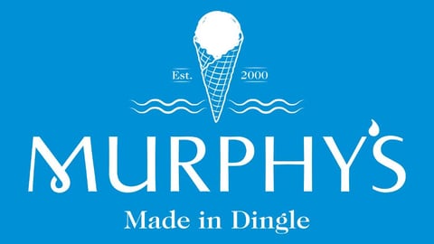 Murphys ice cream logo with cone and wavy lines, Est. 2000, Made in Dingle on blue background
