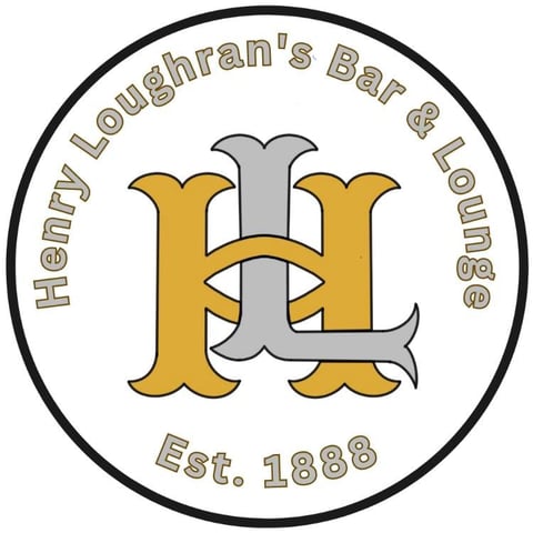 Henry Loughrans Bar & Lounge circular logo with ornate gold and silver HL monogram established 1888