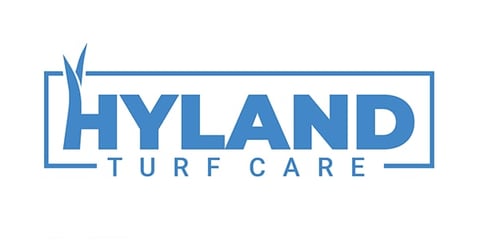 Hyland Turf Care logo featuring blue text and grass blade icon in a rectangular frame