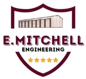 E. Mitchell Engineering logo featuring a building icon and five gold stars inside a maroon shield badge