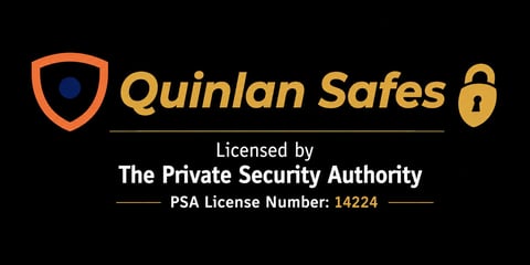 Quinlan Safes logo with shield and padlock icons, showing PSA License Number 14224 from The Private Security Authority