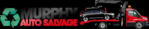 Murphy Auto Salvage logo with recycling symbol and images of a car being towed on a red truck