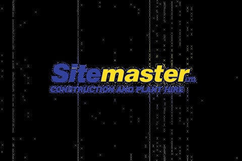 Sitemaster logo with blue and yellow text on black background with digital grid pattern