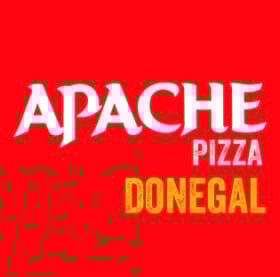 Apache Pizza Donegal logo on red background with white and yellow text