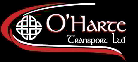 OHarte Transport Ltd logo with Celtic knot symbol and red curved design on black background