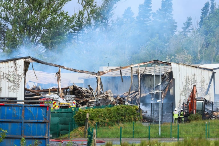 Damaged industrial building with burned debris and metal structures, surrounded by overgrown vegetation and forest in background